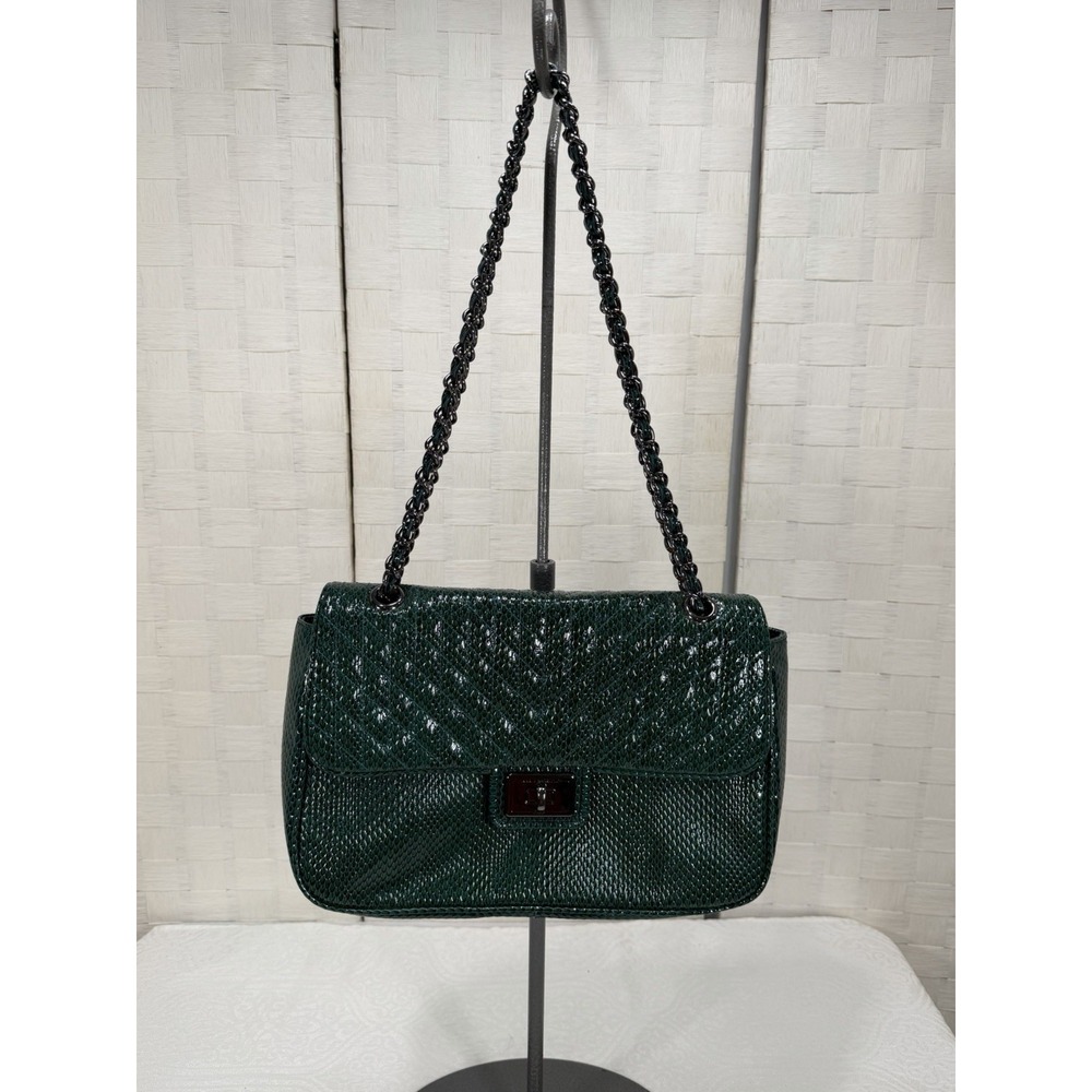 Karl Lagerreld Green Snake Embossed Leather Purse Turnlock Closure Women's